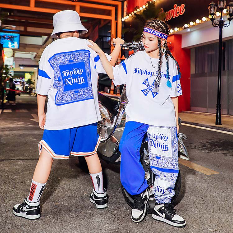 ヒップホップ 衣装 キッズダンス衣装 セットアップ 韓国 子供ダンス服 派手 青 黄色 K-POP hiphop 男の子 ガールズ ダンス衣装 キッズ  シャツ パンツ