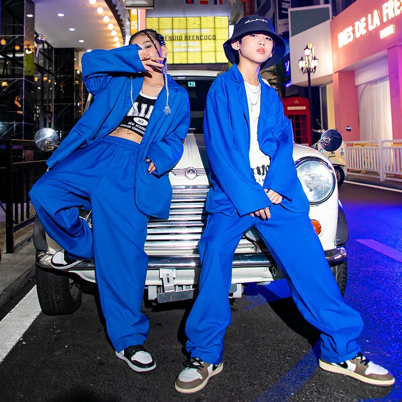 【セットアップ】キッズダンス衣装 ジャケット ベスト パンツ ブルー ヒップホップ 女の子 男の子 トップス 子供服 韓国 スーツ風 ダンス衣装 派手  ストリート 原宿系 レッスン - just-for-you