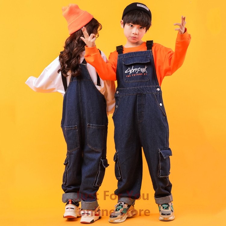 キッズ ダンス 衣装 子供服 ヒップホップ オーバーオール 子供 サロペット HIPHOP デニムパンツ 子供パンツ 長ズボン キッズ ボトムス  練習着 韓国風 ジャズダンス JAZZ ダンスウエア just-for-you