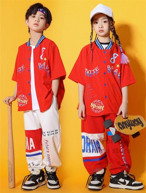 赤 白 ベースボールシャツ パンツ 子供服 ヒップホップ シャツ 男の子