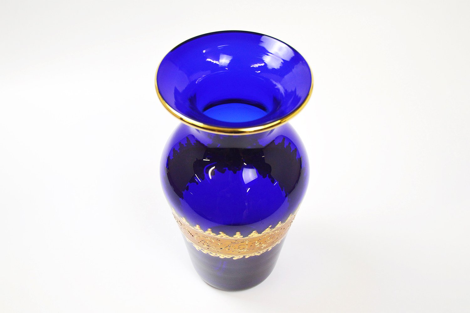 GIR619【手作りペルシアガラス】ペルシアンブルーの花瓶（金メッキ唐草 
