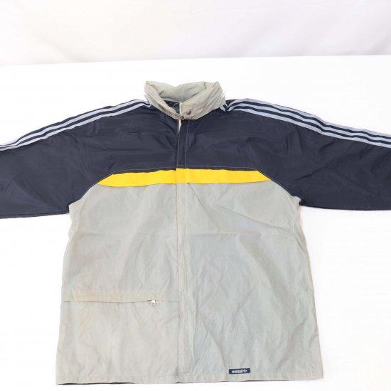 【中古】70's-80'sチュニジア製(アディダス)adidasメンズML位【ナイロンジャケット】トラックジャケット(ヴィンテージ)紺黄グレーn7