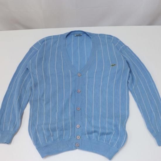 【中古】CHEMISE LACOSTE(ケミス ラコステ)メンズ【ニットカーディガン】フランス製ストライプ水色フレンチラコステ(古着)la5