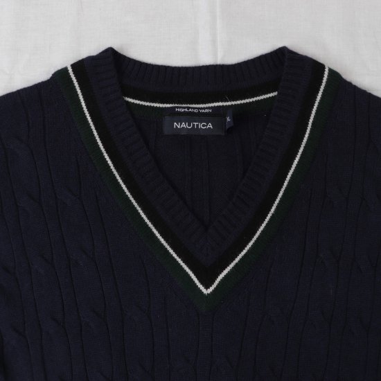 【中古】NAUTICA(ノーティカ)ラインVネックメンズセーター【ニット】紺ネイビーXL(古着)kt24