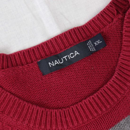 【中古】NAUTICA(ノーティカ)ボーダーメンズセーター【ニット】赤レッド紺ネイビー灰グレーXXL(古着)kt36