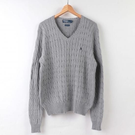 【中古】RalphLauren(ラルフローレン)ポロpoloワンポイントVネックメンズ【ケーブル ニット】灰グレーS(古着)kt62