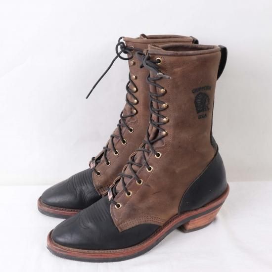 【中古】Chippewa(チペワ)メンズ【9 1/2 D】編み上げUSA製茶レザーeb145