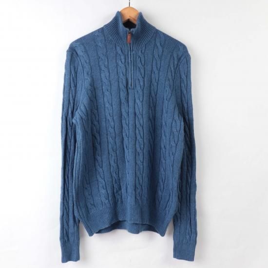 【中古】RalphLauren(ラルフローレン)ポロpoloハーフジップZIPメンズ【ケーブル ニット】水色青ブルーM(古着)kt85