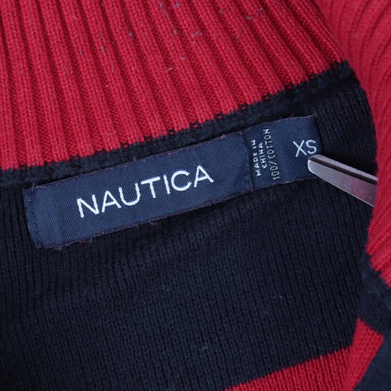 【中古】NAUTICA(ノーティカ)ボーダーハーフジップZIPメンズセーター【ニット】赤レッド紺ネイビーXS(古着)kt89