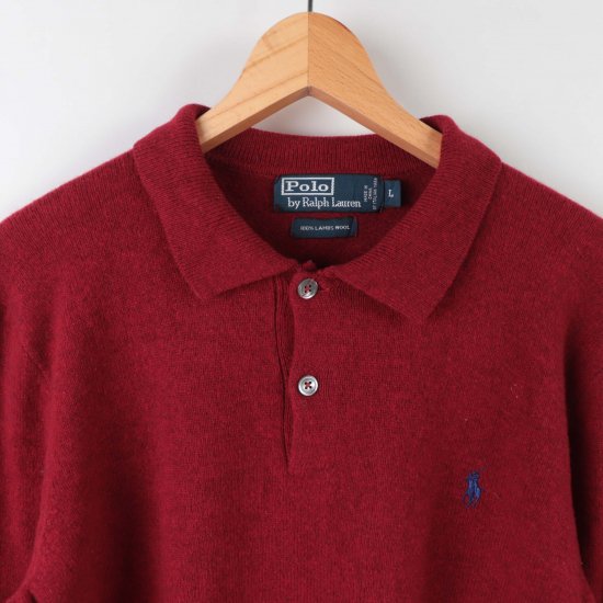 【中古】RalphLauren(ラルフローレン)ポロpoloワンポイント長袖ポロシャツメンズ【ニット】ウール赤レッドL(古着)kt146