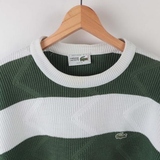 【中古】CHEMISE LACOSTE(ケミス ラコステ)メンズ7【ニット】フランス製クルーネックボーダー緑グリーン白ホワイト(古着)la78