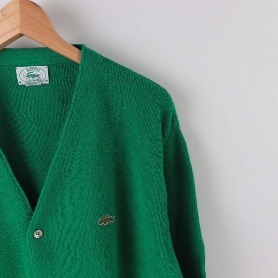 【中古】LACOSTE(ラコステ)IZODメンズM【ニットカーディガン】USA製緑グリーン系アクリルニットカーデ(古着)la103