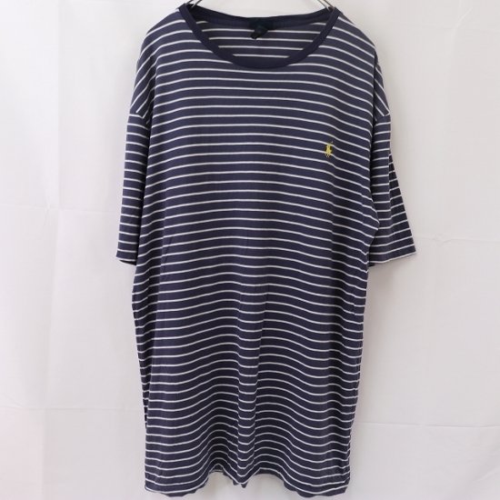 【中古】(ラルフローレン)POLO RALPH  LAURENメンズL【Tシャツ】ビッグサイズ半袖クルーネックポニー【古着】ボーダーネイビーブランドTシャツst105