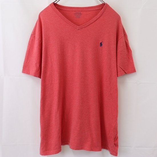 【中古】(ラルフローレン)POLO RALPH  LAURENメンズXL【Tシャツ】ビッグサイズワンポイント半袖Vネックポニー【古着】赤コーラルTシャツst112