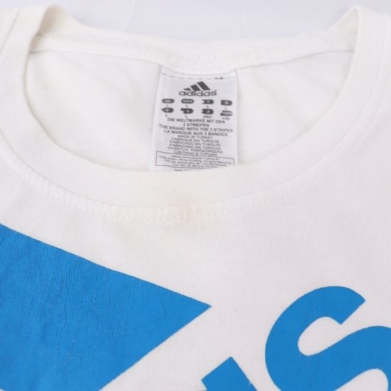 【中古】(アディダス)adidasメンズレディーL【Tシャツ】デザインプリントロゴTクルーネック半袖ビッグサイズ【古着】白青赤ブランドTシャツst200