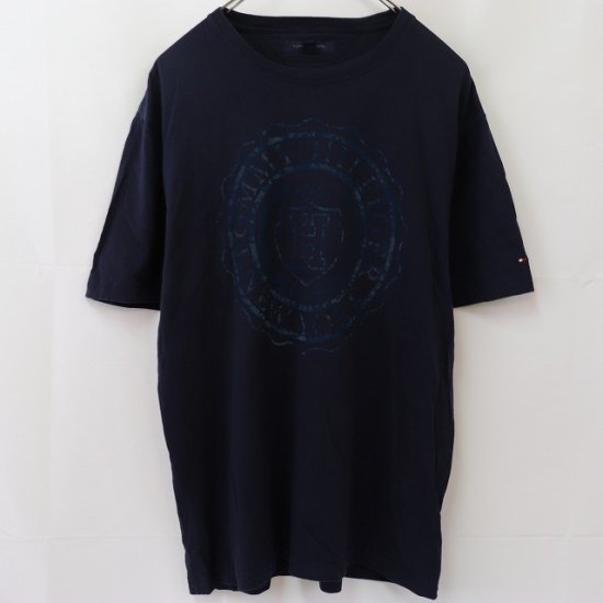 【中古】(トミーヒルフィガー)Tommy HilfigerメンズL【Tシャツ】ロゴTシャツ半袖クールネックビッグサイズ【古着】ネイビー紺st240