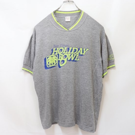 【中古】(チャンピオン)ChampionメンズレディースL【Tシャツ】80’sヴィンテージロゴT半袖クルーネック【古着】グレー黄緑ブラックブランドTシャツst267