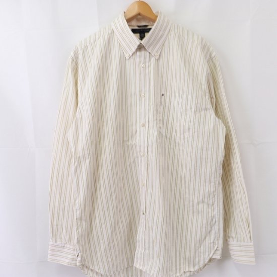 【中古】(トミーヒルフィガー)Tommy HilfigerメンズL【シャツ】長袖シャツビッグサイズ【古着】白黄緑ストライプブランドシャツlsh66