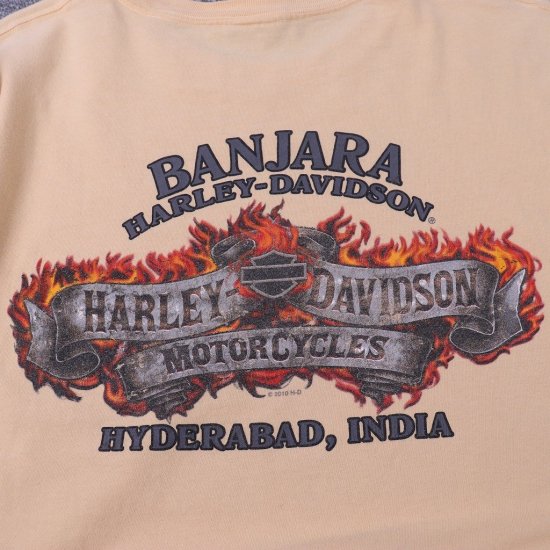 【中古】(ハーレーダビッドソン)HARLEY  DAVIDSONメンズレディーXXL【Tシャツ】USA製両面プリント半袖大きいサイズ【古着】ライトイエローTシャツst297