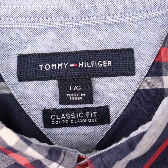 【中古】(トミーヒルフィガー)Tommy  HilfigerメンズL【シャツ】ボタンダウン長袖シャツビッグサイズ【古着】紺赤チェックブランドシャツlsh72