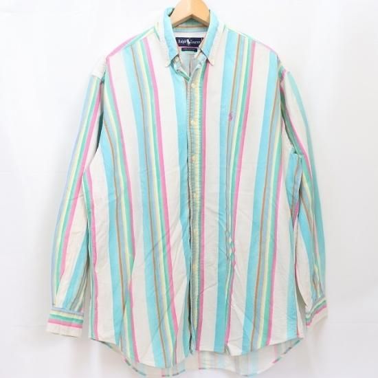 【中古】RALPH LAUREN(ラルフローレン)メンズM【総柄シャツ】90年代90's長袖シャツ大きめ(古着)マドラス ストライプlsh149