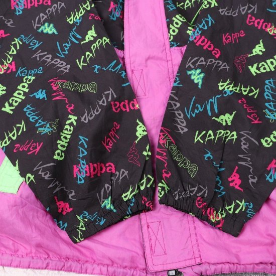 【中古】イタリア製KAPPA(カッパ)メンズレディースSトラックジャケット【ナイロンジャケット】蛍光黄緑パープル 黒柄(古着)nl51