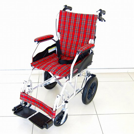 介助用車椅子 カドクラ　クラウド・レッドチェック 品番A604-ACRフットレスト部跳ね上げ固定可能
