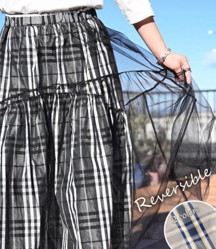 リバーシブル！先染格子メモリー×チュール ティアードスカートの商品画像