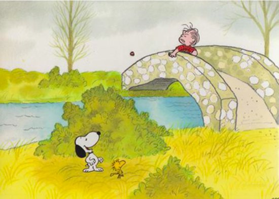 ピーナッツ オリジナル制作セル画 『Linus, Snoopy and Woodstock bridge』 本物証明書付属 スヌーピー Peanuts  Snoopy