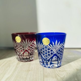 江戸切子 ペアオールドグラス 赤青 六角籠目 木箱入り 伝統工芸品