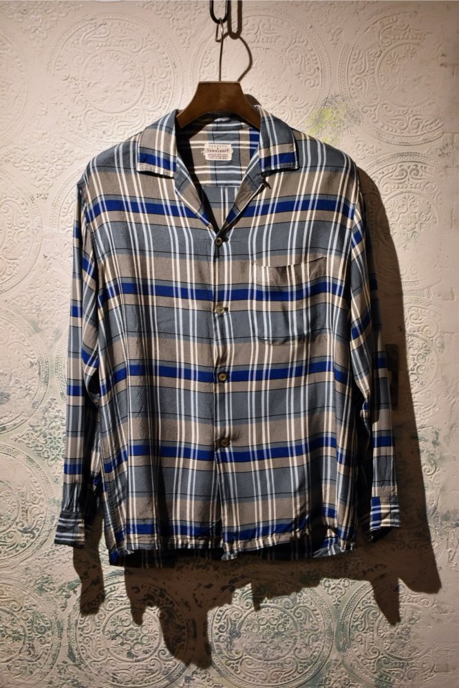 美 50s レーヨンシャツ ロカビリー ビンテージ 黒×水色 開襟シャツ
