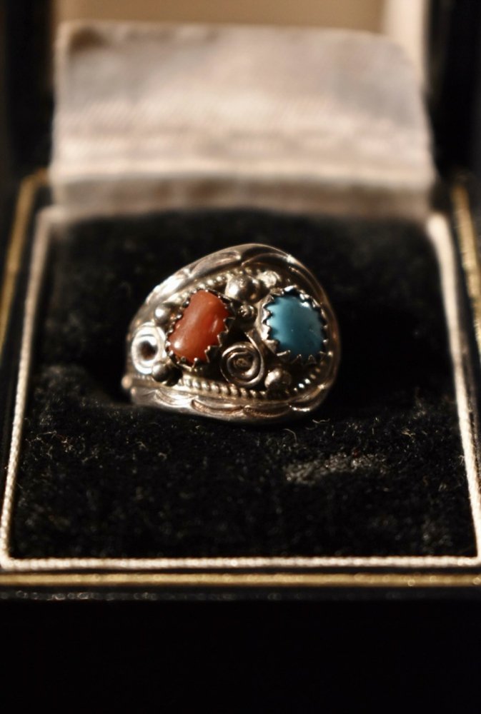 Vintage silver × turquoise × coral ring