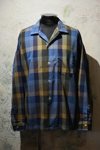 us 1960's~ check open collar shirt