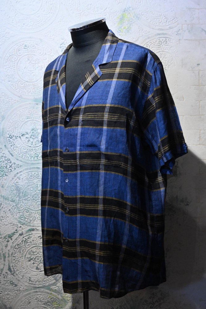 us 1960's~ linen check s/s shirt