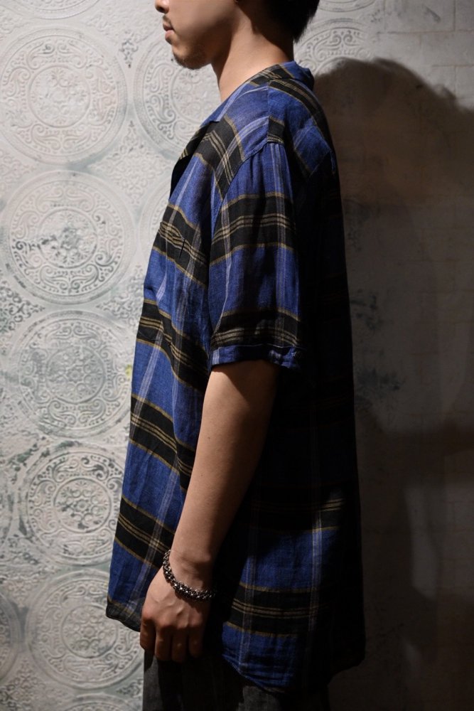 us 1960's~ linen check s/s shirt