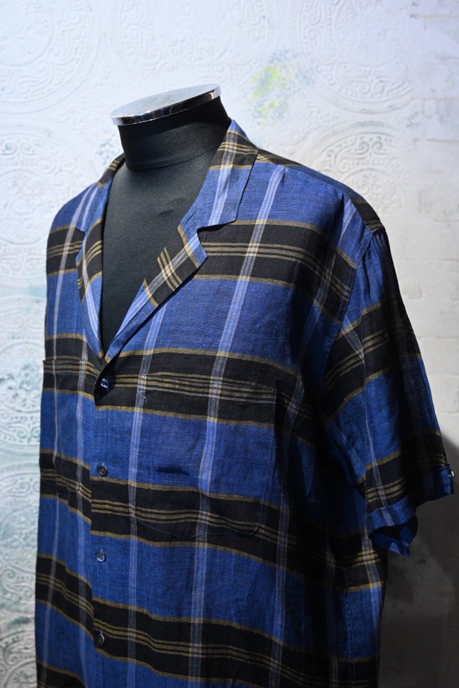 us 1960's~ linen check s/s shirt