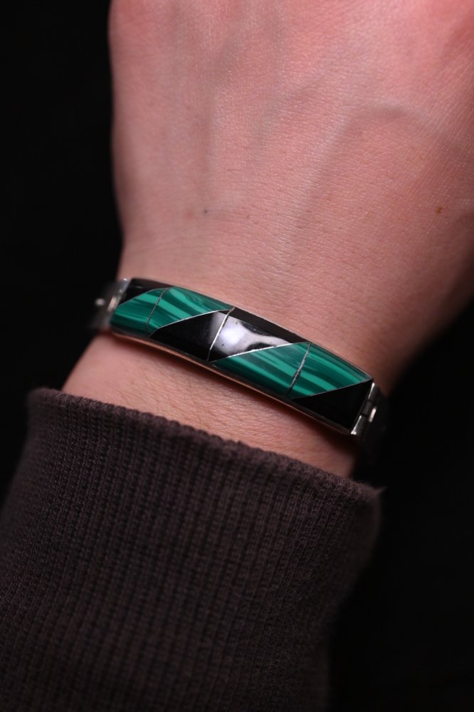 Vintage heavy silver onyx malachite bracelet