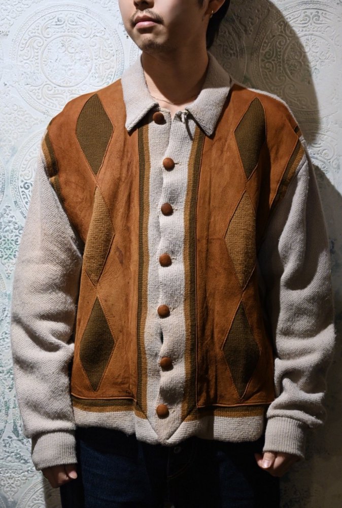 us 1960's~ acrylic knit  suede cardigan