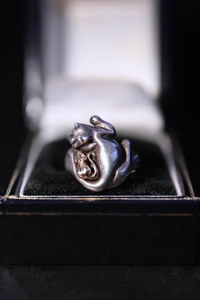 Vintage silver cat  14K mouse ring