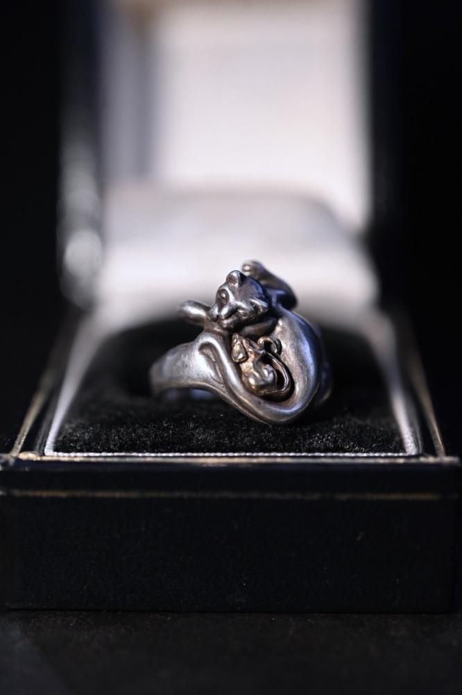 Vintage silver cat  14K mouse ring