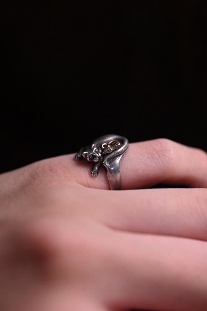 Vintage silver cat  14K mouse ring