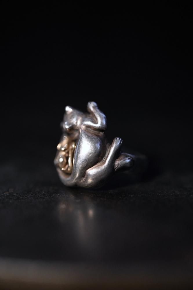 Vintage silver cat  14K mouse ring