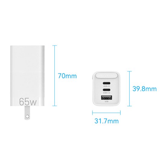 【FED】3-port USB(C+C+A) GaN コンセント充電器(65W/30W/30W)White / VENTION