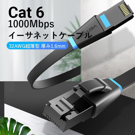 【IBJ】Cat.6 UTP 薄型LANケーブル Black / VENTION