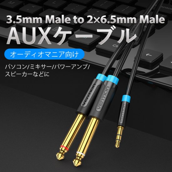 【BAC】3.5mm Male to 2*6.5mm Male オーディオケーブル Black / VENTION