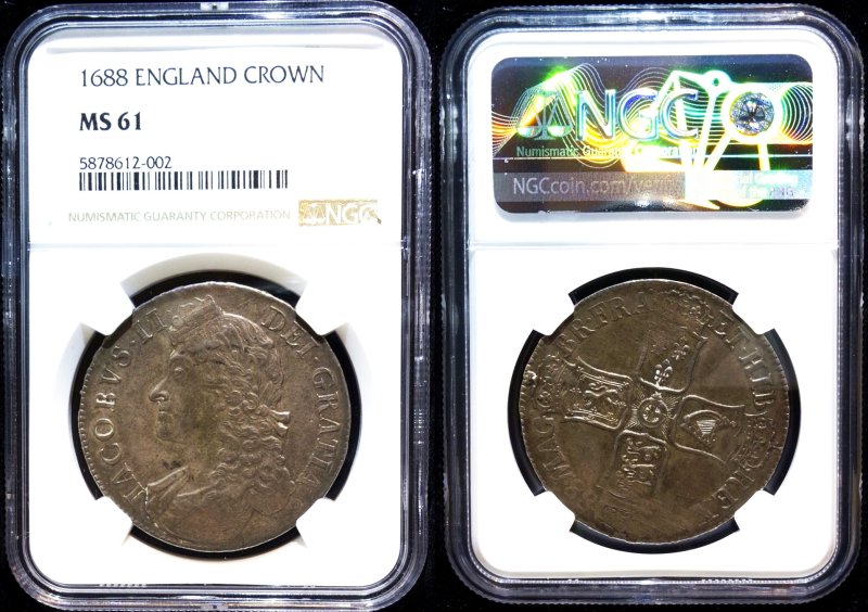 イギリス 1688年 ジェームス2世 CROWN銀貨 NGC MS61 - 名古屋 創業65年 時遊屋 古銭・アンティークコイン・切手専門店
