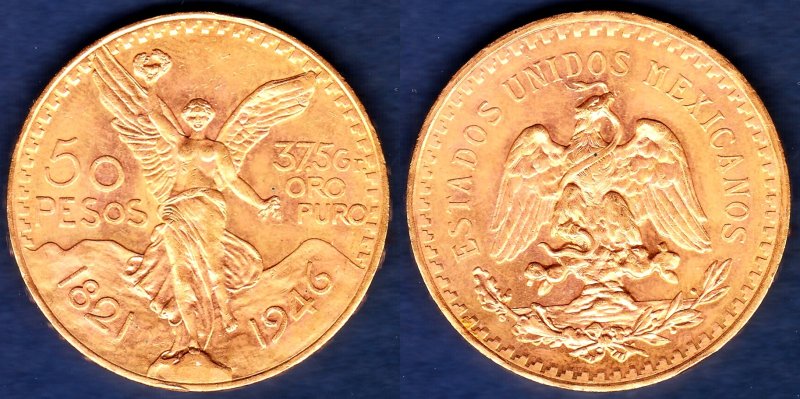 メキシコ 1946年 50ペソ金貨 - 名古屋 創業65年 時遊屋 古銭・アンティークコイン・切手専門店