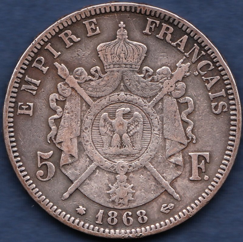 1868A フランス 5フラン 大型銀貨 ナポレオン三世 VF DETAILS 買激安