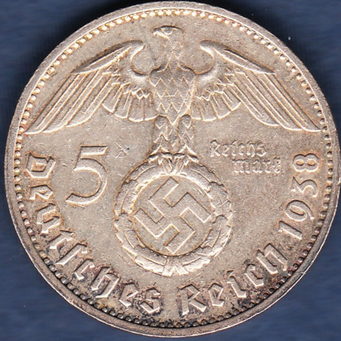 ドイツ 第三帝国 1938E 5マルク銀貨 - 名古屋 創業65年 時遊屋 古銭