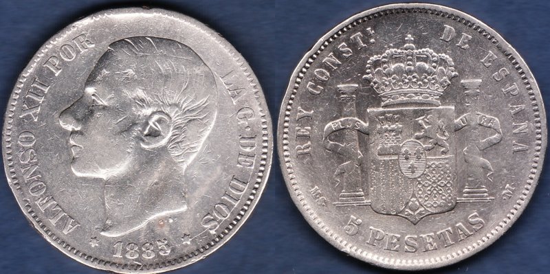 スペイン 1885 5PESETAS銀貨 - 名古屋 創業65年 時遊屋 古銭